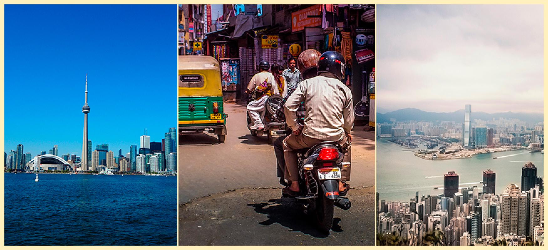 Three photos of the Toronto skyline, a motorcycle in Mumbai and the Hong Kong skyline.