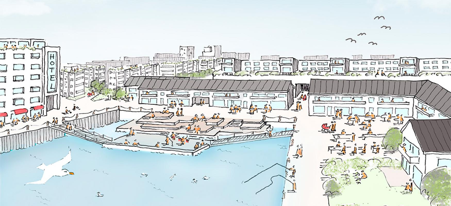 Drawing of the Spot On project showing a future vision of Kársnes Harbour.