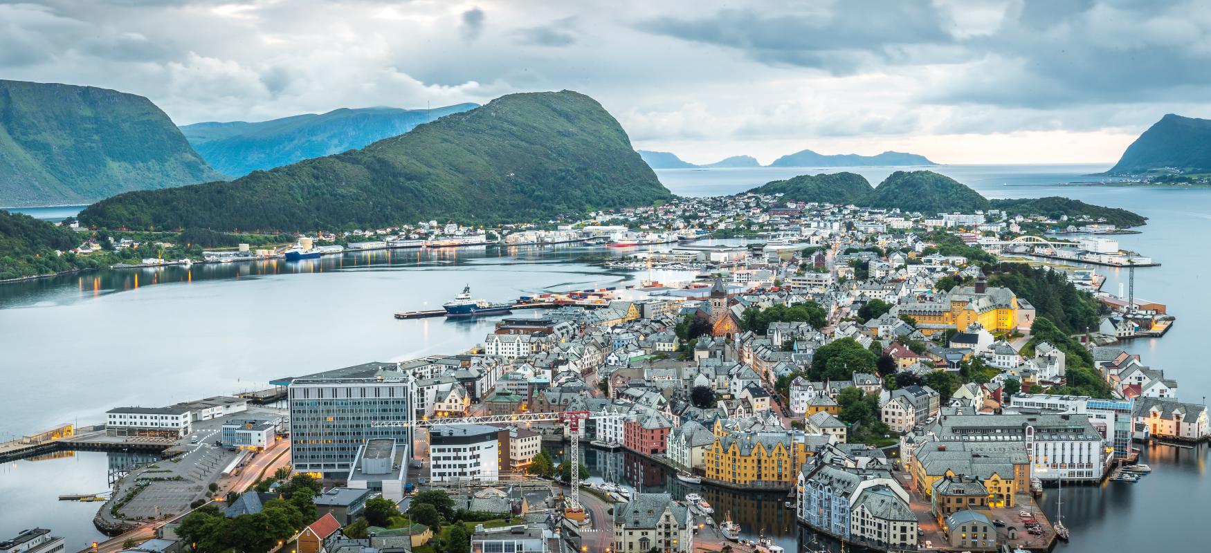 Birds view of Ålesund, Norway on a cloudy day