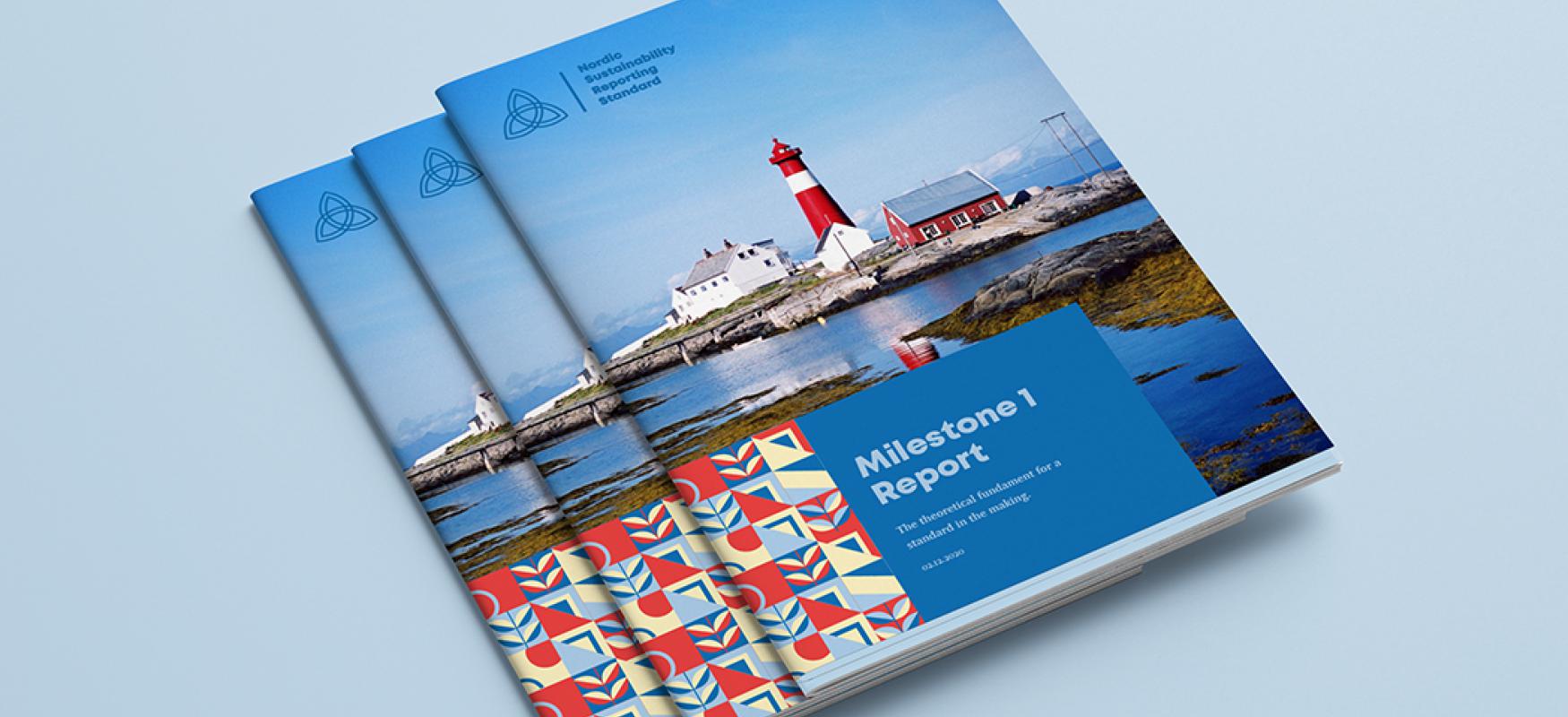 Three publications laying on a table. Written on the frontpage: Milestone 1 report by Nordic Sustainability Reporting Standard