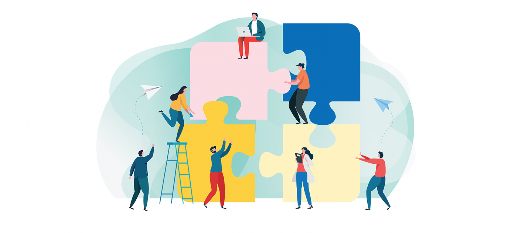illustration six people climbing a four-piece puzzle