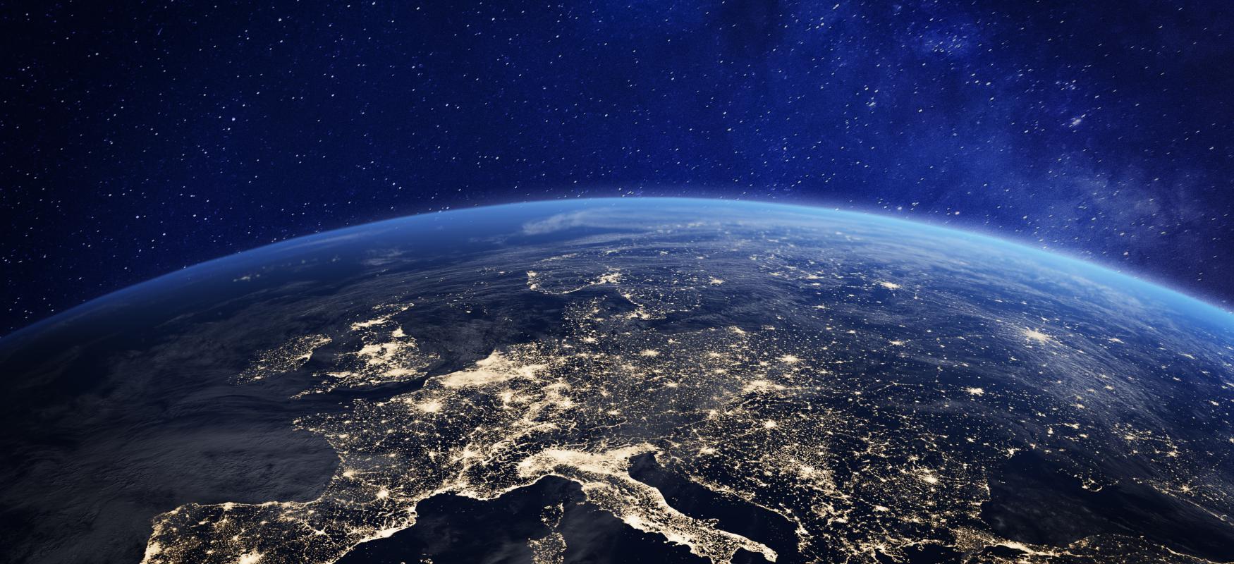 Europe seen from the air at night