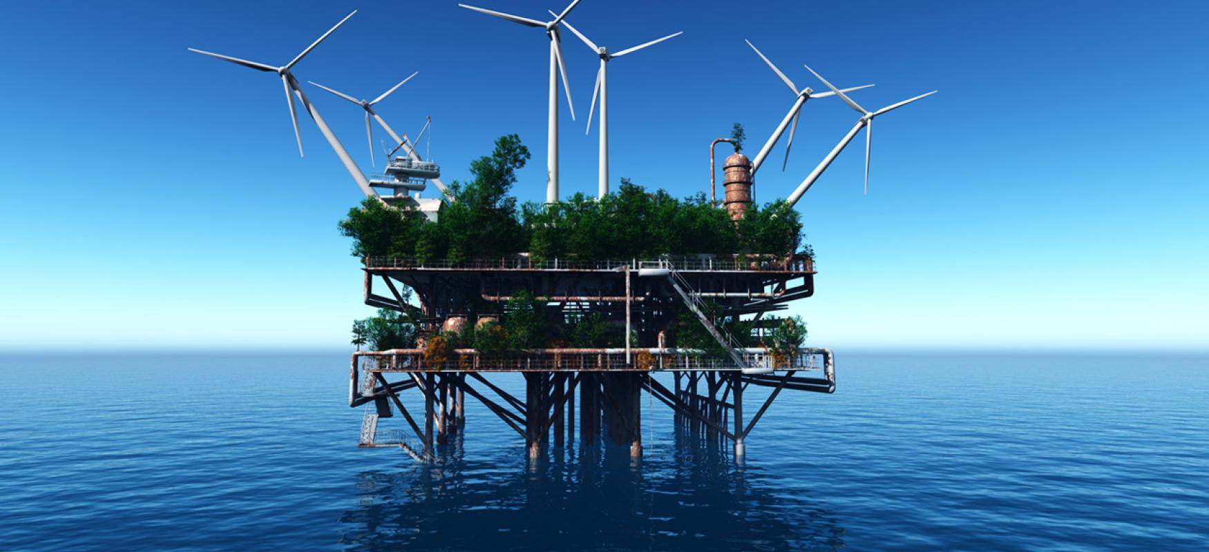 Illustrative photorealistic picture of an overgrown oiil platform with wind turbins