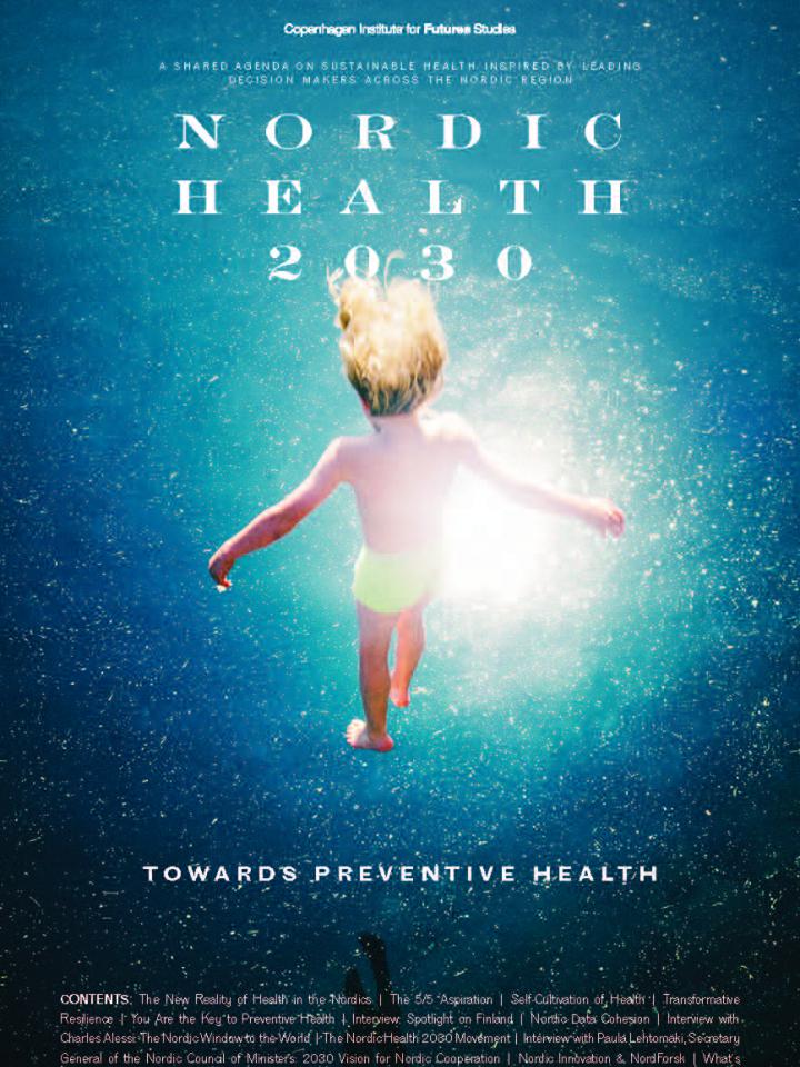 Front page: Nordic Helath 2030. Picturing are child jumping down in the water.