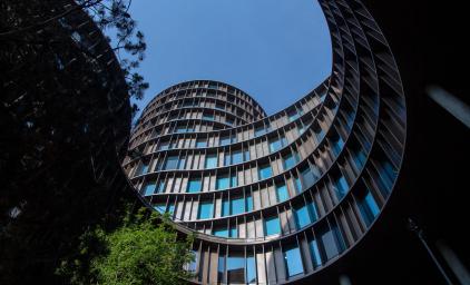 Axel Towers in Copenhagen, seen from the ground looking up into the sky.