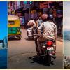 Three photos of the Toronto skyline, a motorcycle in Mumbai and the Hong Kong skyline.