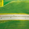 Aerial view of a road going through a green field.