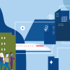 A train, trees and group of people illustrated agains a blue background.