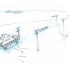 Project sketch illustrating a shipping lane, ship and windmills.