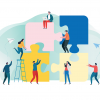 illustration six people climbing a four-piece puzzle